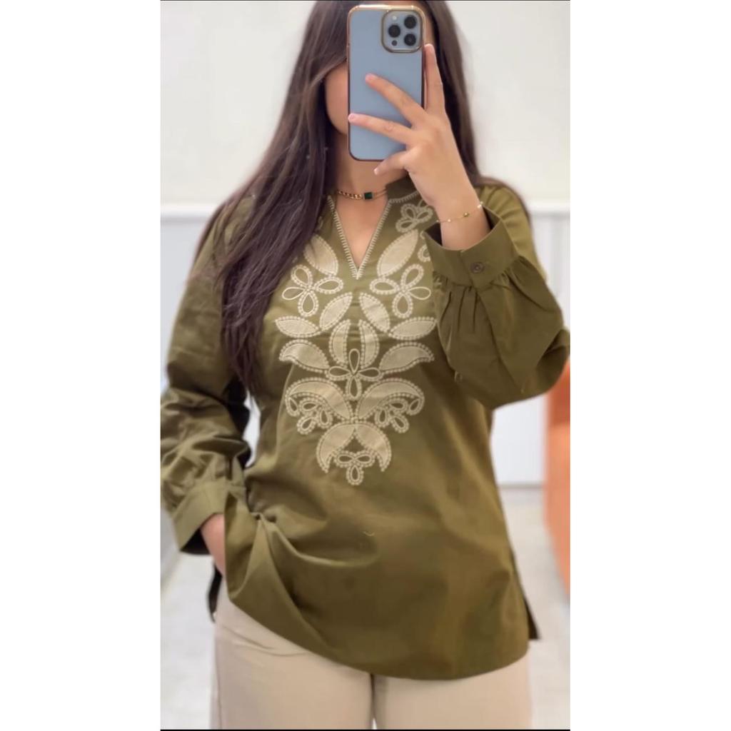 Czysta bawełna Haftowana Kurti z Zestawem Spodni Indyjski Bollywood Top Kurta Zestaw Sznurkowy