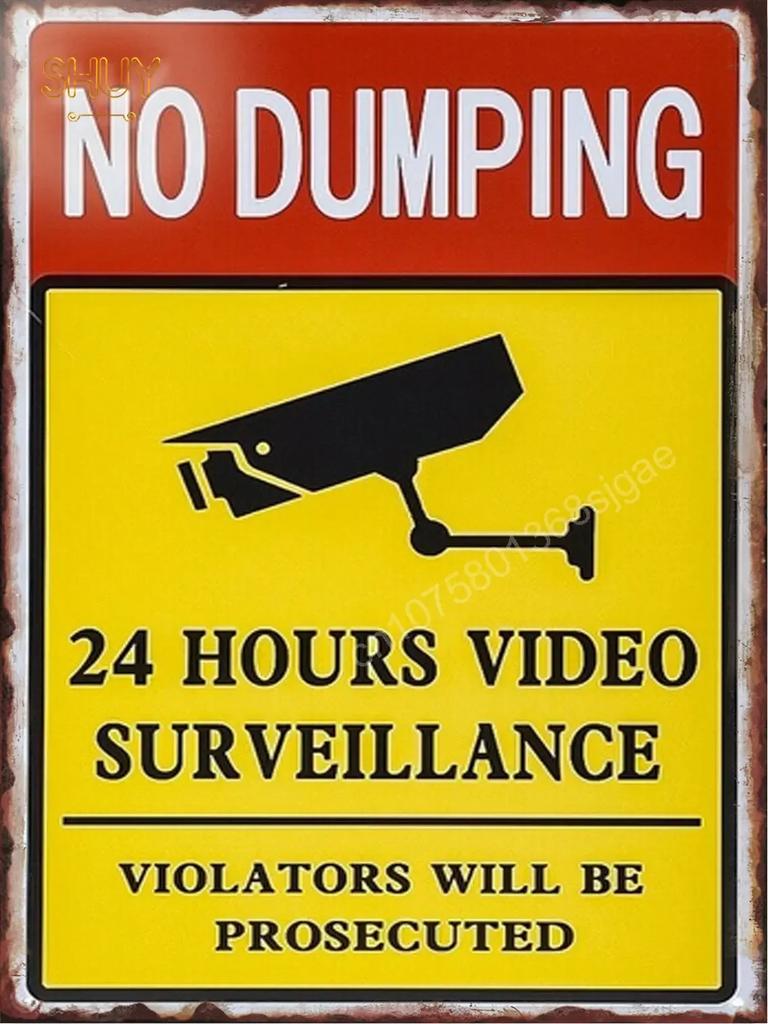 Retro Metal Tin Sign S Warning Red 24 Hour Video Surveillance Custom Painting Picture for Shop Bar Cafe English &Spanish Word