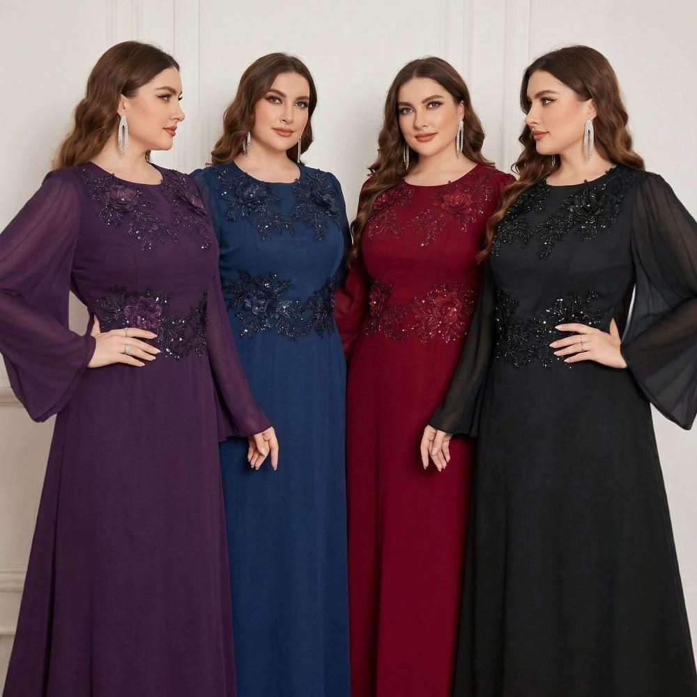 Plus Size Elegant Round Neck Beaded Embroidered Sequin Evening Gown Formal Wedding Party Bridesmaid Dress