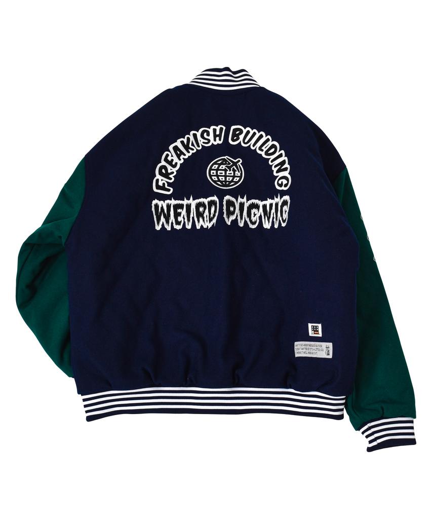 Freakish Building Weird Picnic Varsity Jacket (Navy)
