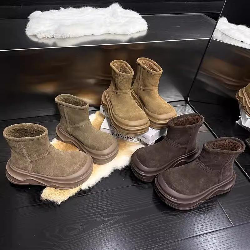Soft Leather Version~ 2025 Winter New Ugly Cute Big Head Velvet Thickened Muffin Thick Bottom Heightening Snow Boots Women's Short Boots