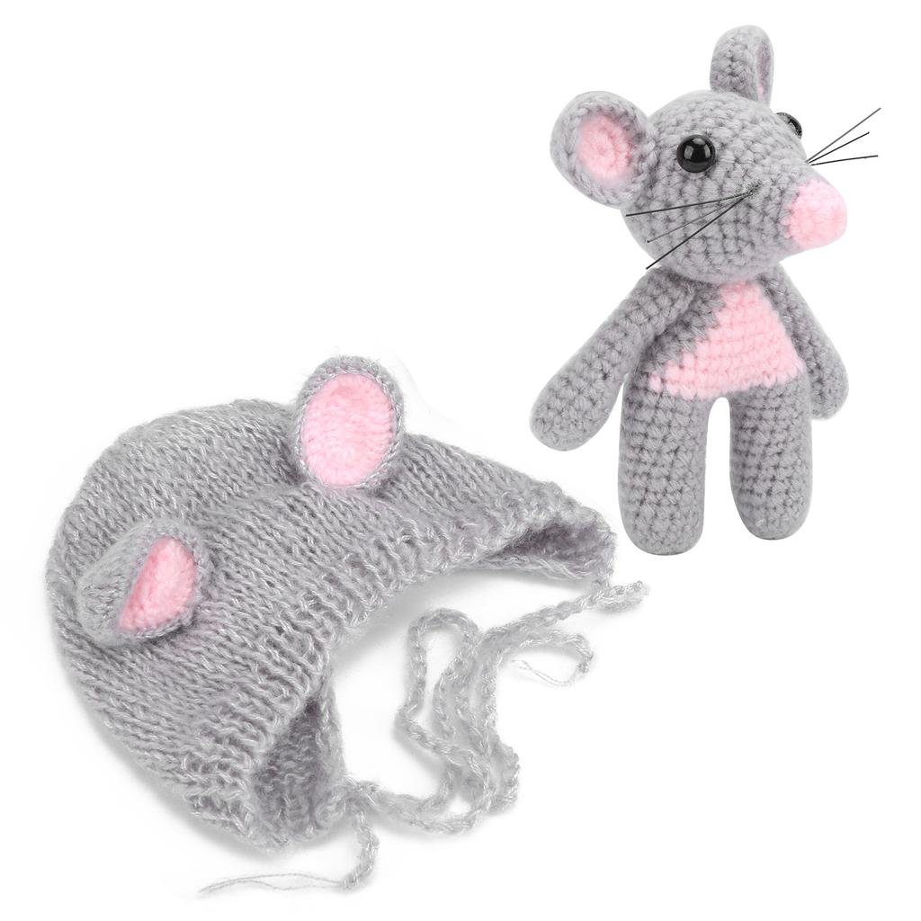 Infant Costume Knitted Sets Baby Photo Shoot Outfits Newborn Baby Mouse Hat with Mouse Doll