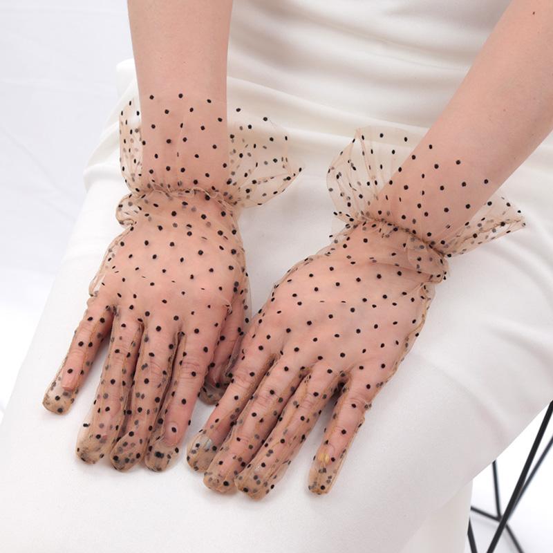 Damen Sexy Spitze Handschuhe Transparentes Punkt Netz Kurze Tüll Fäustlinge Club Abschlussball Party Tanzen Fischernetz Weißes Kleid Atmungsaktiver Handschuh
