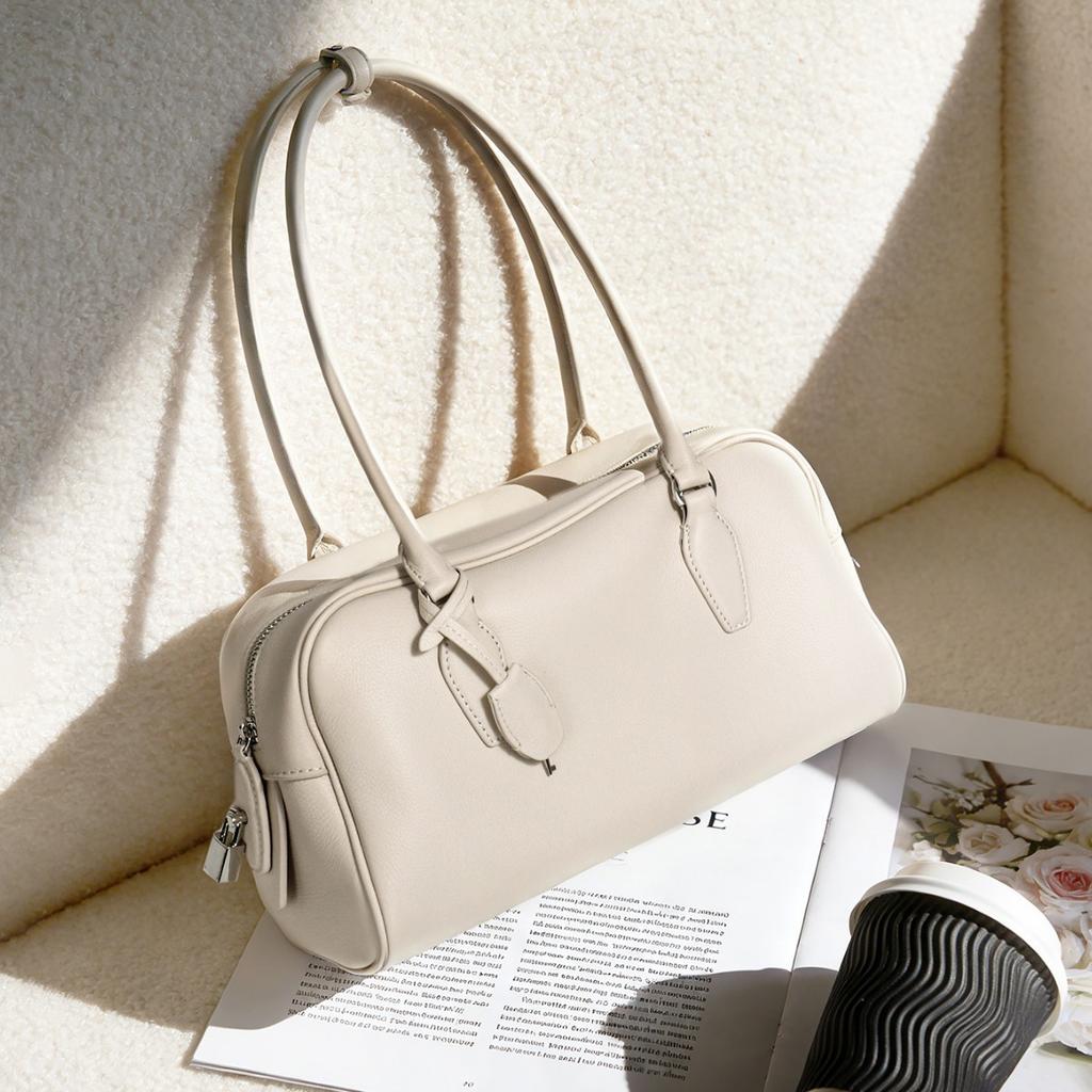Leather Long Handled Bowling Bag, New Niche, Light Luxury, Old Money Style Handbag, Crossbody Bag