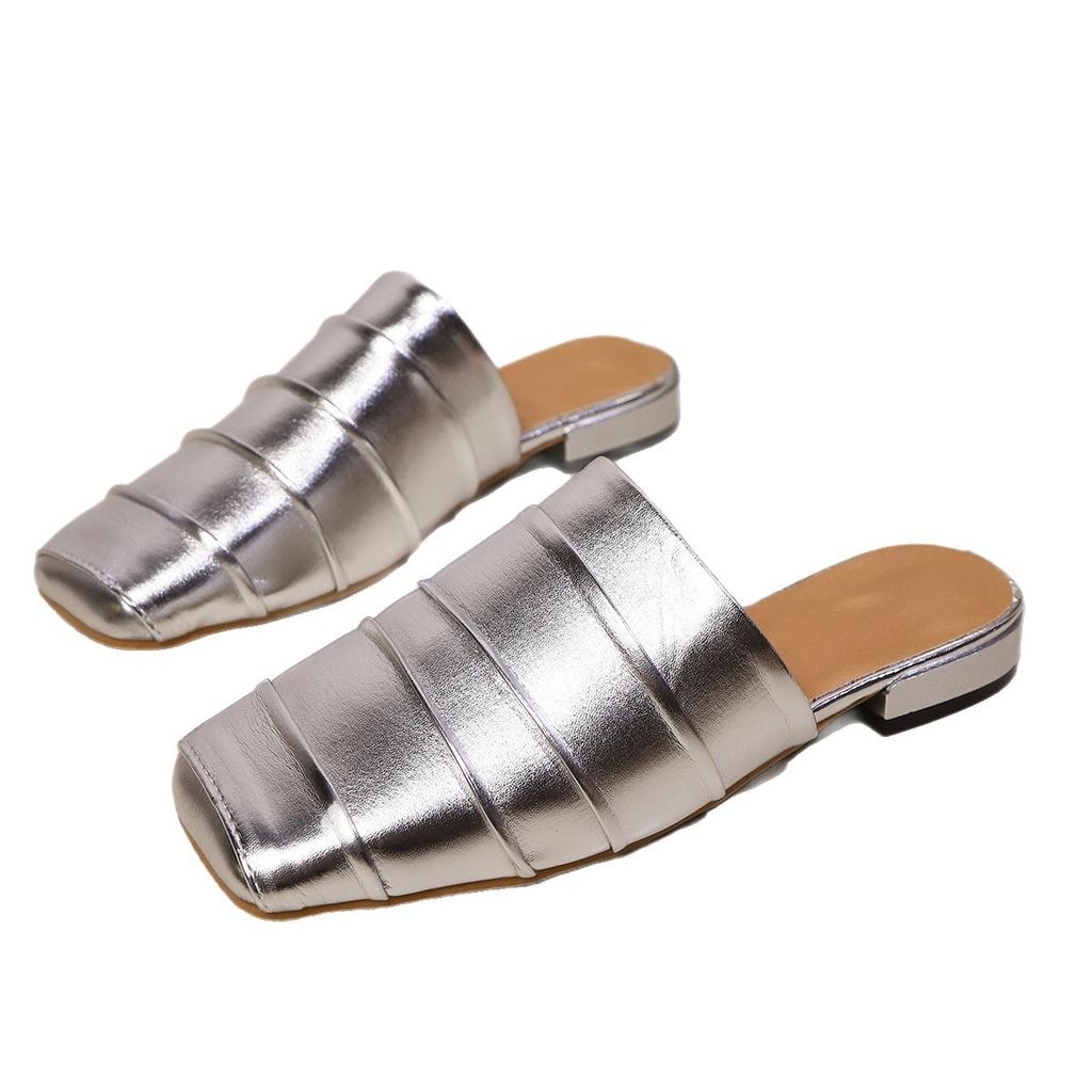 Coarse Heel Niche Pleated Bag Head Half Slippers Women's 2025 Spring and Summer Square Head Low Heel Muller Shoes Foreign Trade Large Size Drag