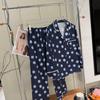 Pajamas women's spring and autumn ice silk long-sleeved trousers simple polka dot set high-grade satin sweet polka dot loungewear thin