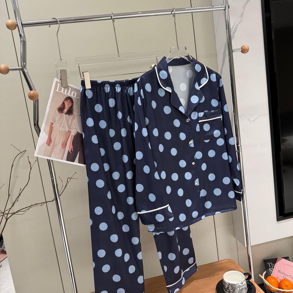 Pajamas women's spring and autumn ice silk long-sleeved trousers simple polka dot set high-grade satin sweet polka dot loungewear thin
