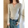 Women's Slim Fit 95% Cotton V-neck Long Sleeve Base Layer Top for Spring and Autumn