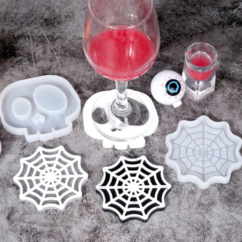 Diy Homemade Mold Coffee Coaster Cobweb Skull Graveyard for Creative Silicone Mold Crystal Placemat Mold for Diy Craft