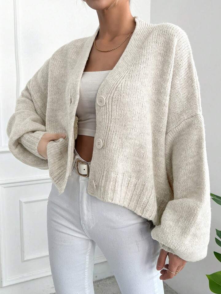 Knitted Cardigan Women's Loose V-neck Lantern Sleeve Sweater