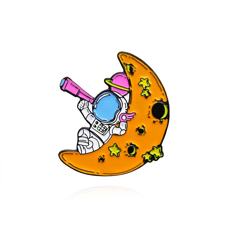 Astronaut Relaxing on Moon with Telescope Cartoon Brooch