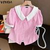 VONDA Women Lapel Short Sleeve Patchwork Striped Print Buttons Casual Blouse