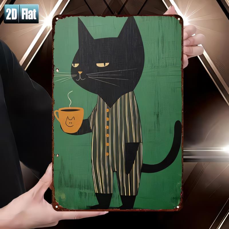 Tin Sign Cat Holding Coffee Mug Retro Vintage Metal Wall Art Decorative Plaque for Kitchen Bar Man Cave Garage Office Home Dco