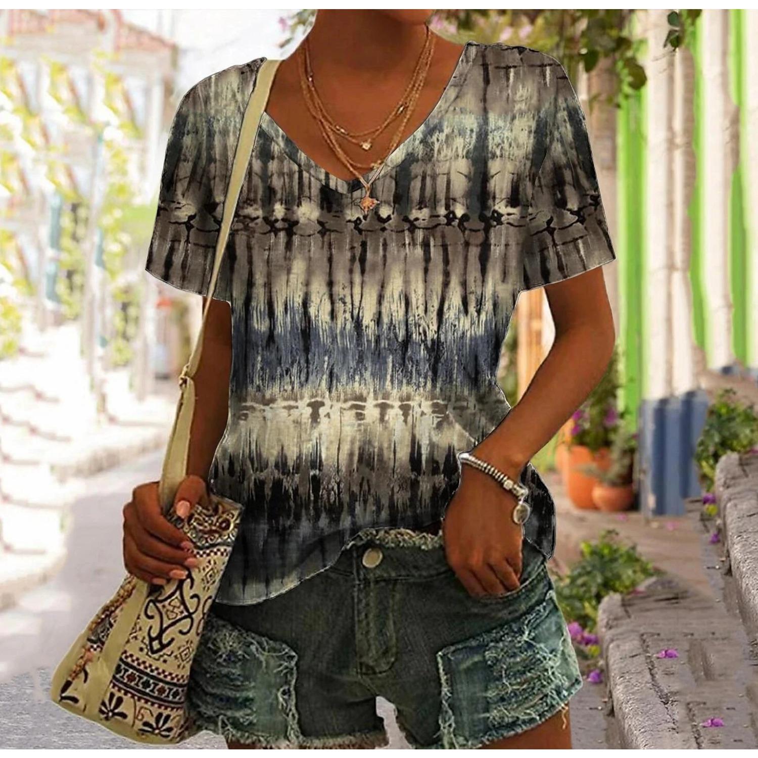 

Summer V-neck 3D Printed Top Fashionable Casual Harajuku Retro Style Short Sleeved Women s T-shirts M