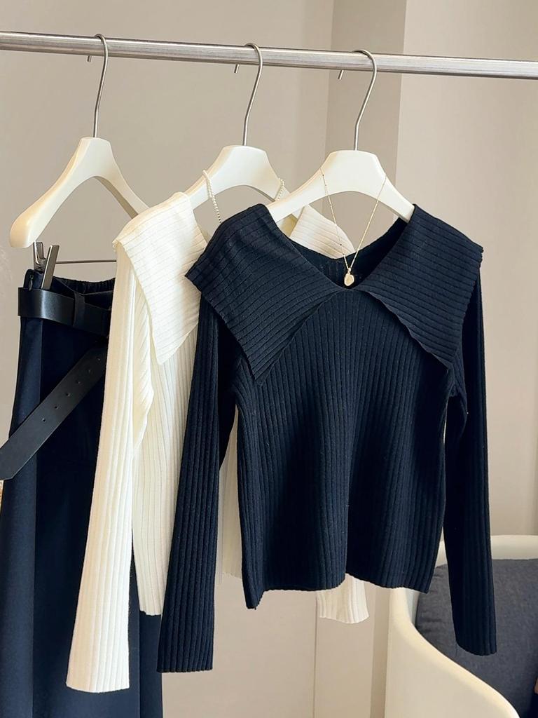 Women's Sweet Peter Pan Collar Knitted Sweater - 2025 New Slimming Ribbed Long Sleeve Short Top