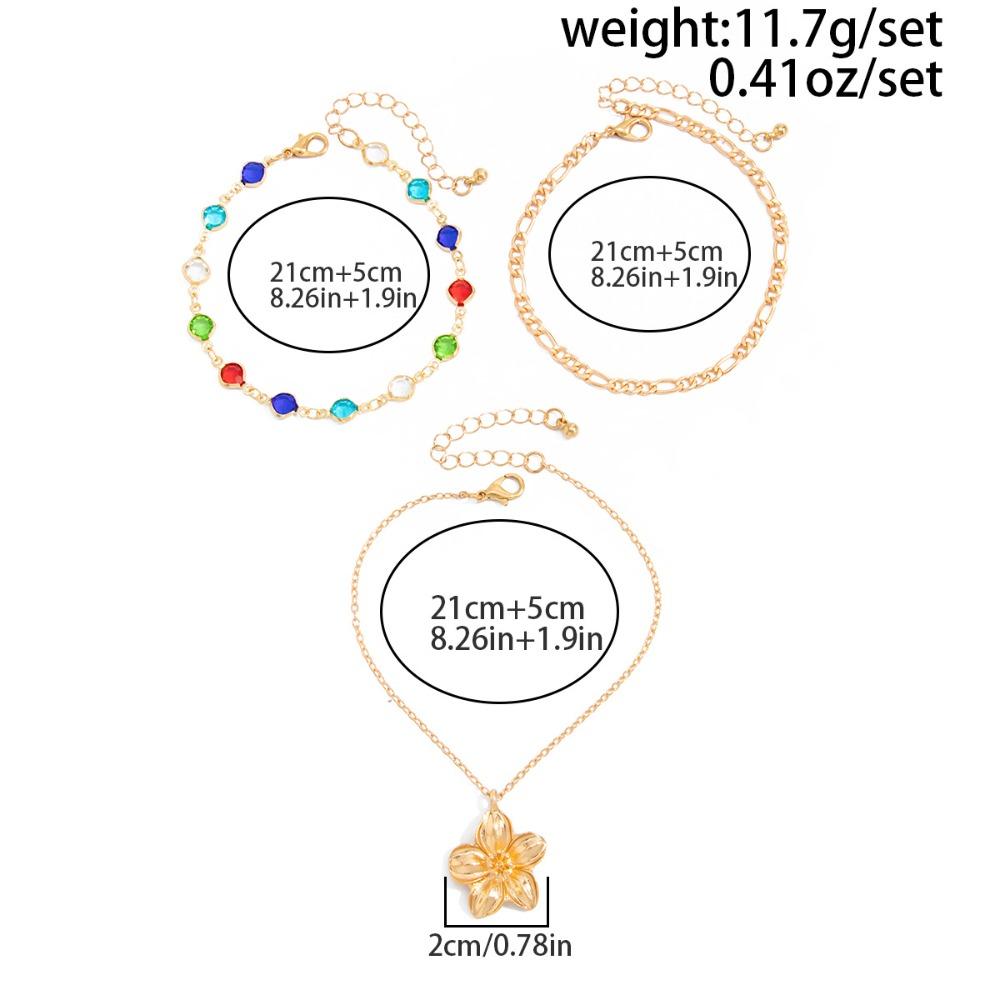 3pcs Set Bohemian Retro Colorful Crystal Chain Metal Flower Pendant Anklets for Women Beach Vacation Foot Jewelry Accessory Gift