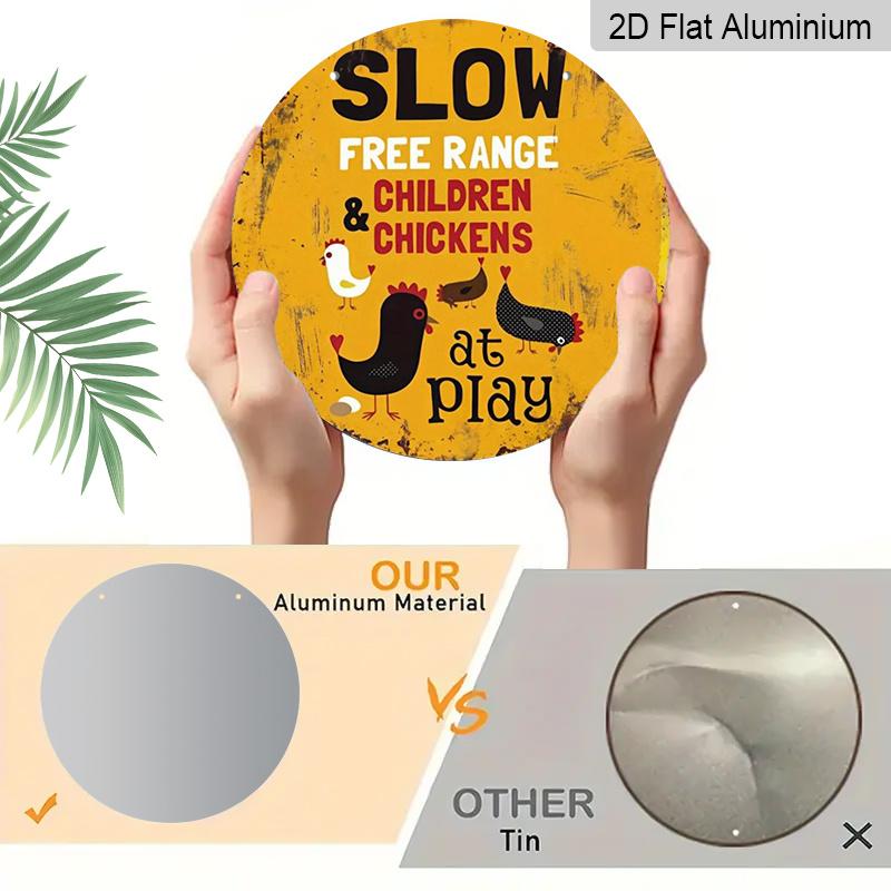 2D Flat 1pc, 8x8 in, Slow-Free Range Chicken Farm Sign - Rustic Aluminum Metal Decorative Signs & Plaques, Durable Indoor/Outdoor Decoration Suitable