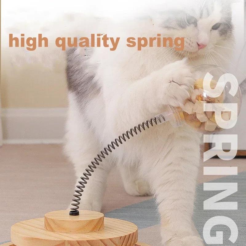 Solid Wood Cat Interactive Toy - Spring Turntable Tumbler Swing Funny Amusement Anti-Food Leakage Feeder for Kittens Accessories