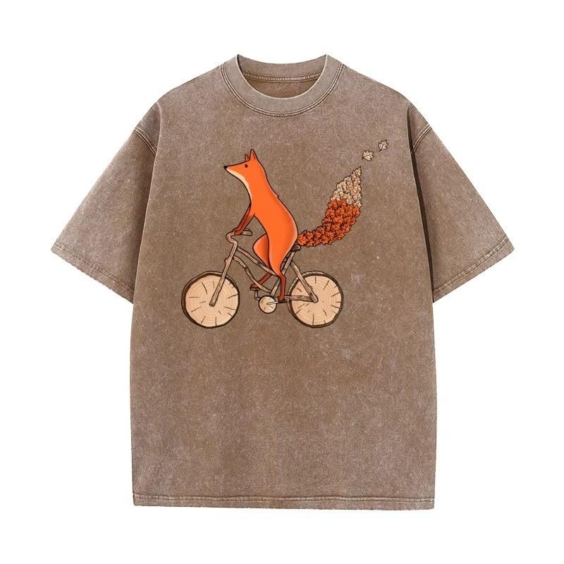

Riding Fox Printed Outdoor Fathers Day High Quality Cotton Round Neck Tshirt Short Sleeve Washed Top Shirt Womens Tshirt S