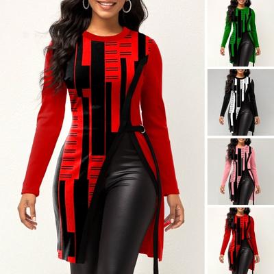 Women Autumn Winter Geometric Print Blouse O-neck Long Sleeve Side Split Hem Mid-length Pullover Tunic Tops Streetwear