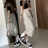 Women's Summer American Vintage Utility Skirt - Drawstring Casual A-Line Midi Skirt with Design-Forward Slit for Students