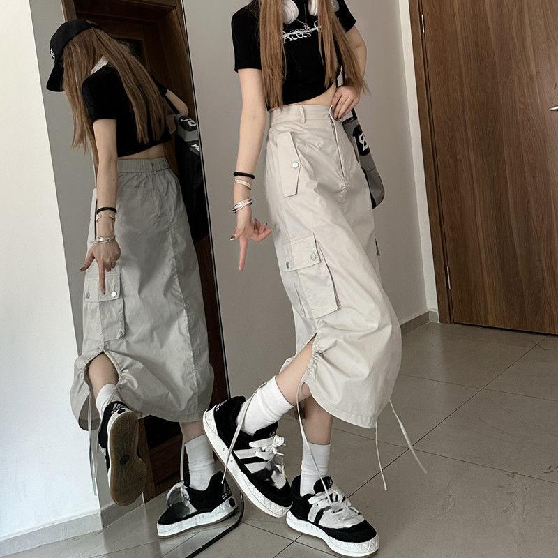 Women's Summer American Vintage Utility Skirt - Drawstring Casual A-Line Midi Skirt with Design-Forward Slit for Students