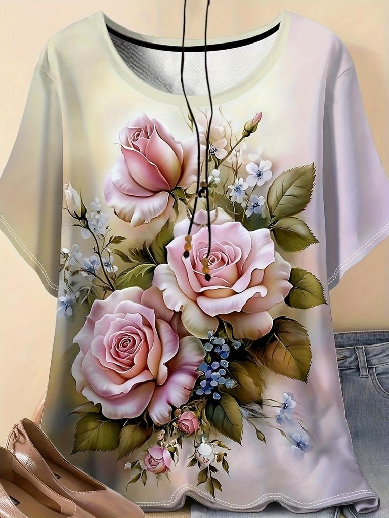 Sommer Damen Blumen T-Shirt 3D Druck Lockerer Schnitt Rundhals T-Shirts Bequeme Damenbekleidung Lässig Elegant Oversize Damen Oberteile