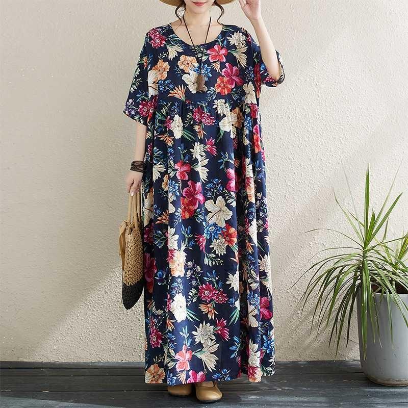 Simple and Fashionable Bohemian Long Dress Summer New Fattened Plus Short-sleeved Crew Neck Printed Dress