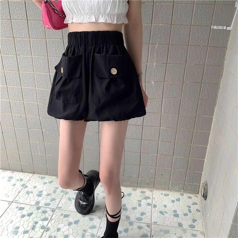 

Women s Elastic High Waist Pumpkin Lantern Shorts - Spring/Summer Casual Baggy Fit, Petite Loose Hot Pants S (80-95 jin) чёрный