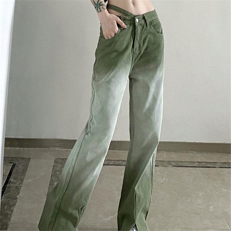 2022 frauen mode hohe taille split up grün frauen Breite bein jeans baggy frau denim capris Hosen jean mom jeans hosen