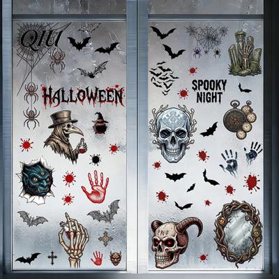Color Window Sticker Halloween Electrostatic Glass Stickers, Skull Demon Blood Handprints Bats Scary Density Print Decal Clings, Spooky