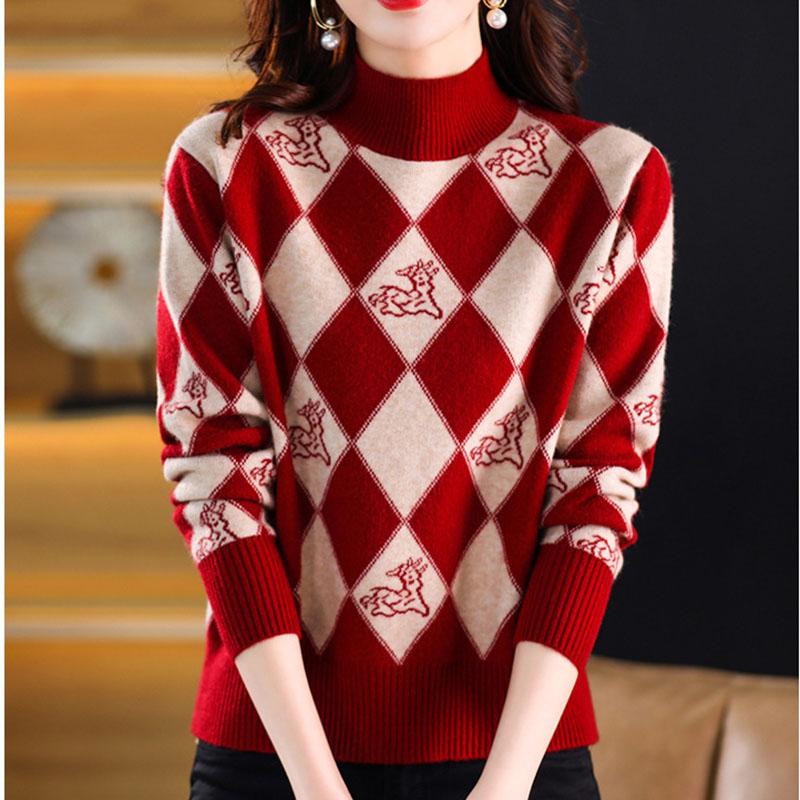 Fall/Winter Vintage Jacquard Sweater Women High Neck Knit Sweater Short Thick Loose Print Knitwear Top Jumper