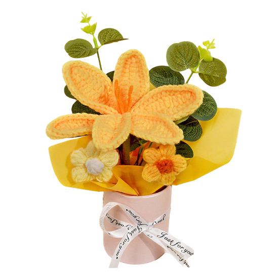 Crochet Flower Bouquet Handmade Artificial Knitted Bouquet Fake Sunflower Carnation Tulip Puff Flowers Gifts for Mother Wife On Birthday Anniversary