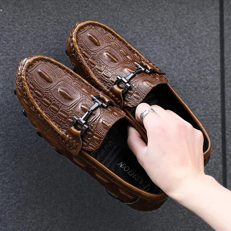 Fashion Men Casual Shoes Genuine Leather Crocodile Style Luxury Brand Mens Loafers Moccasins Slip On Black Driving Shoes Plus Size 38-47