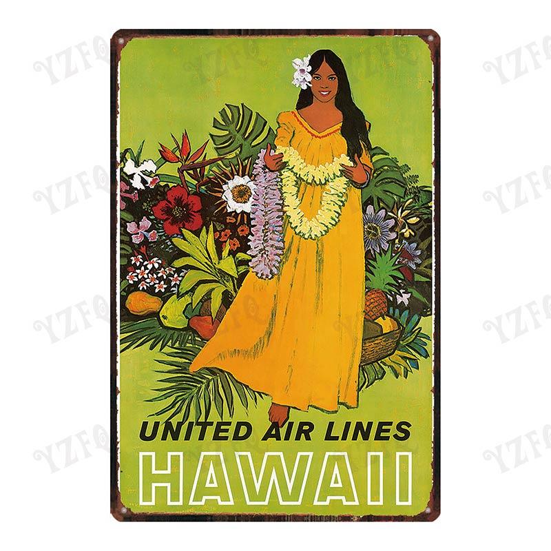 

Vintage Hawaii City Painting with Hula Dancers Metal Travel Tin Sign for Wall Decor in Pubs Cafes and Homes Beach Metal Pla 20x30cm