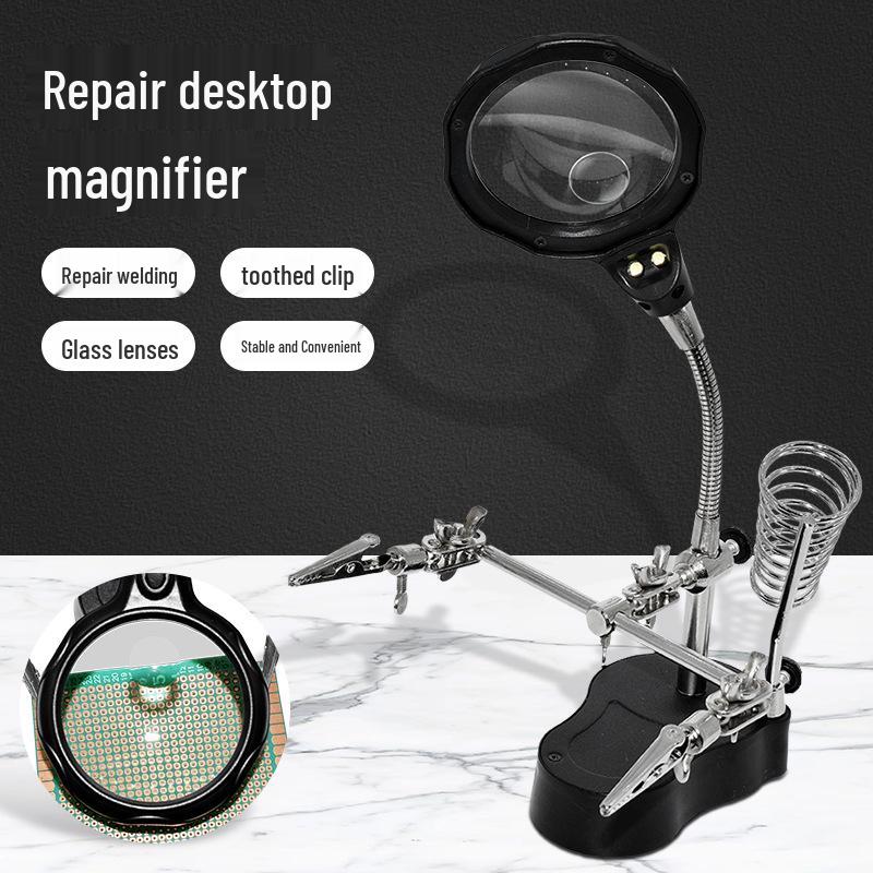 Illuminated Desktop Magnifier Soldering Stand with Clips and Iron Holder