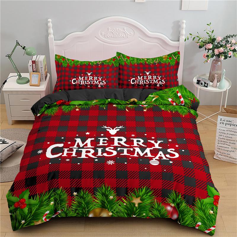 Merry Christmas Duvet Cover King For Boys Girls Microfiber Santa Claus Cute Deer Cartoon Animals Red Plaid 3D Print Bedding Set