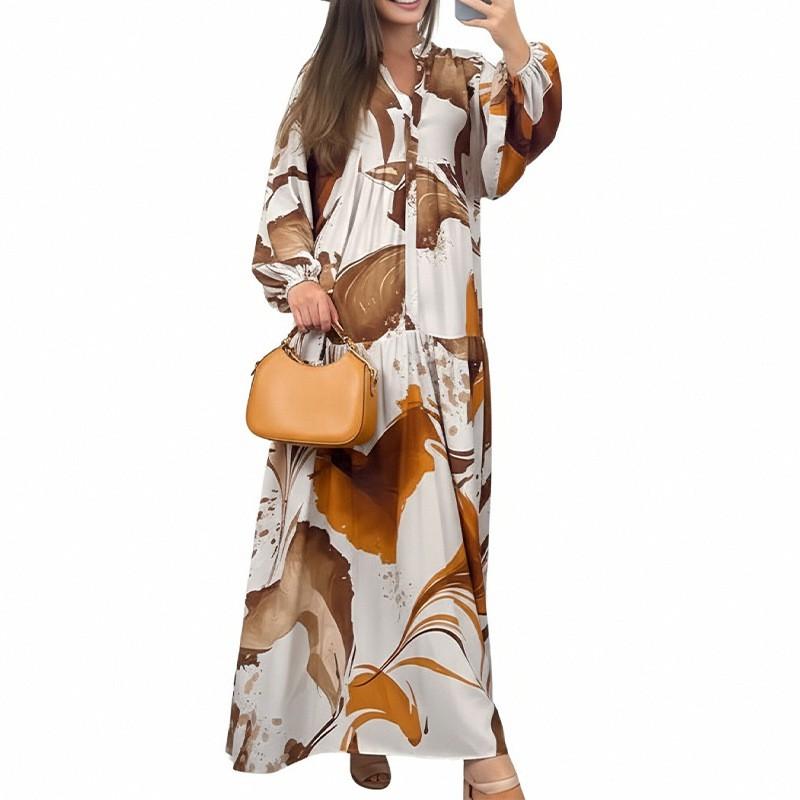 Womens Loose Floral Print Long Sleeve Wrap Dress With Lantern Sleeves High Waist A-Line Midi Casual Elegant