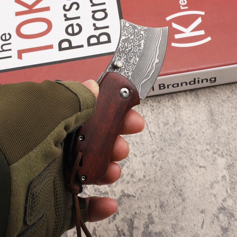 New Style Damascus Steel Folding Knife with Yellow Sandalwood Handle, Collectible Multi-Purpose EDC Tool for Fruit Cutting