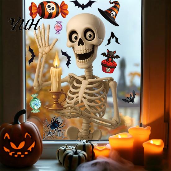 Electrostatic Glue Free Glass Film Halloween Static Window Clings, Removable Decals with Pumpkin Skull Bat Spider Funny Skeleton Jackolantern Stickers