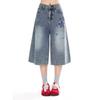 Women's Cropped Jeans Embroidered Loose Straight Wide Leg Shorts Pants Summer Clothing Y2k