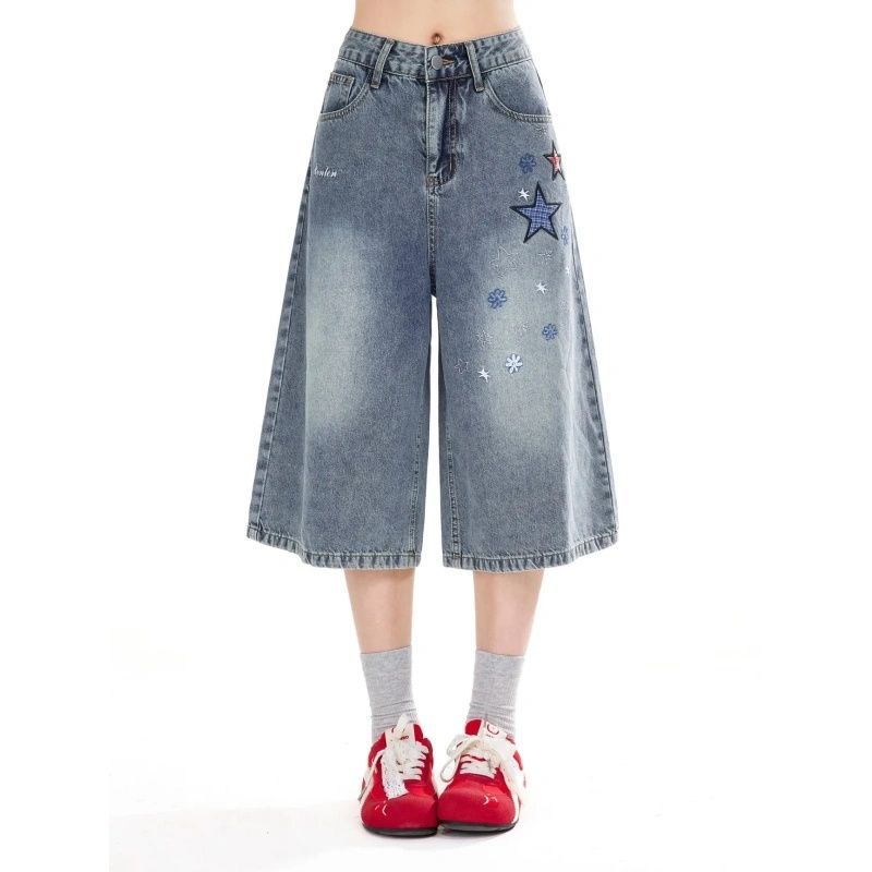 Women's Cropped Jeans Embroidered Loose Straight Wide Leg Shorts Pants Summer Clothing Y2k