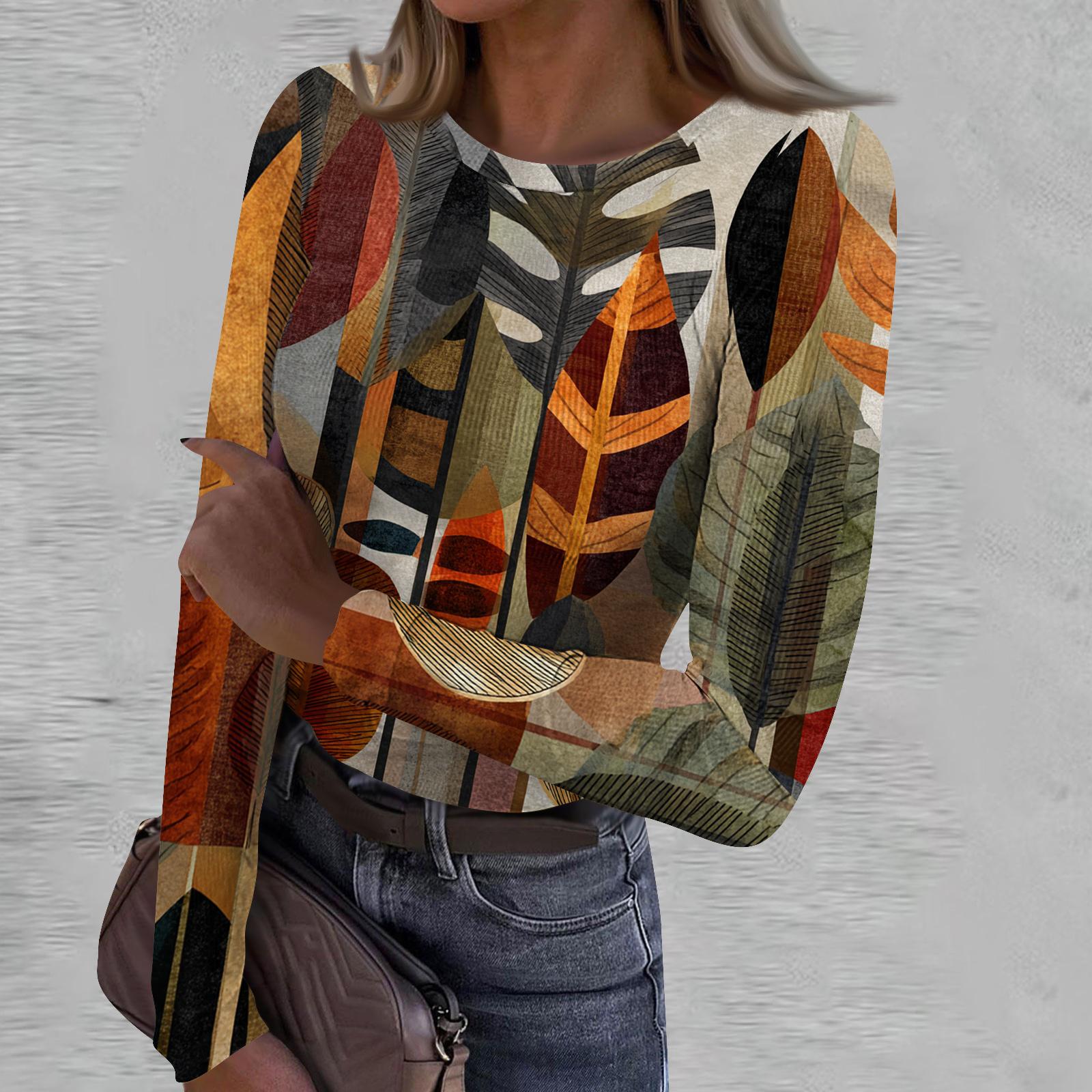 Women s Casual Fashion Round Neck Retro Print Long Sleeve Ribbed Top S