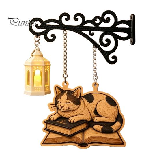 Retro Bookshelf Light Vintage with Cat Sleeping on Book Design, Lantern Rustic Metal Wall Lamp for Reading, Decorative LED Study Room Library
