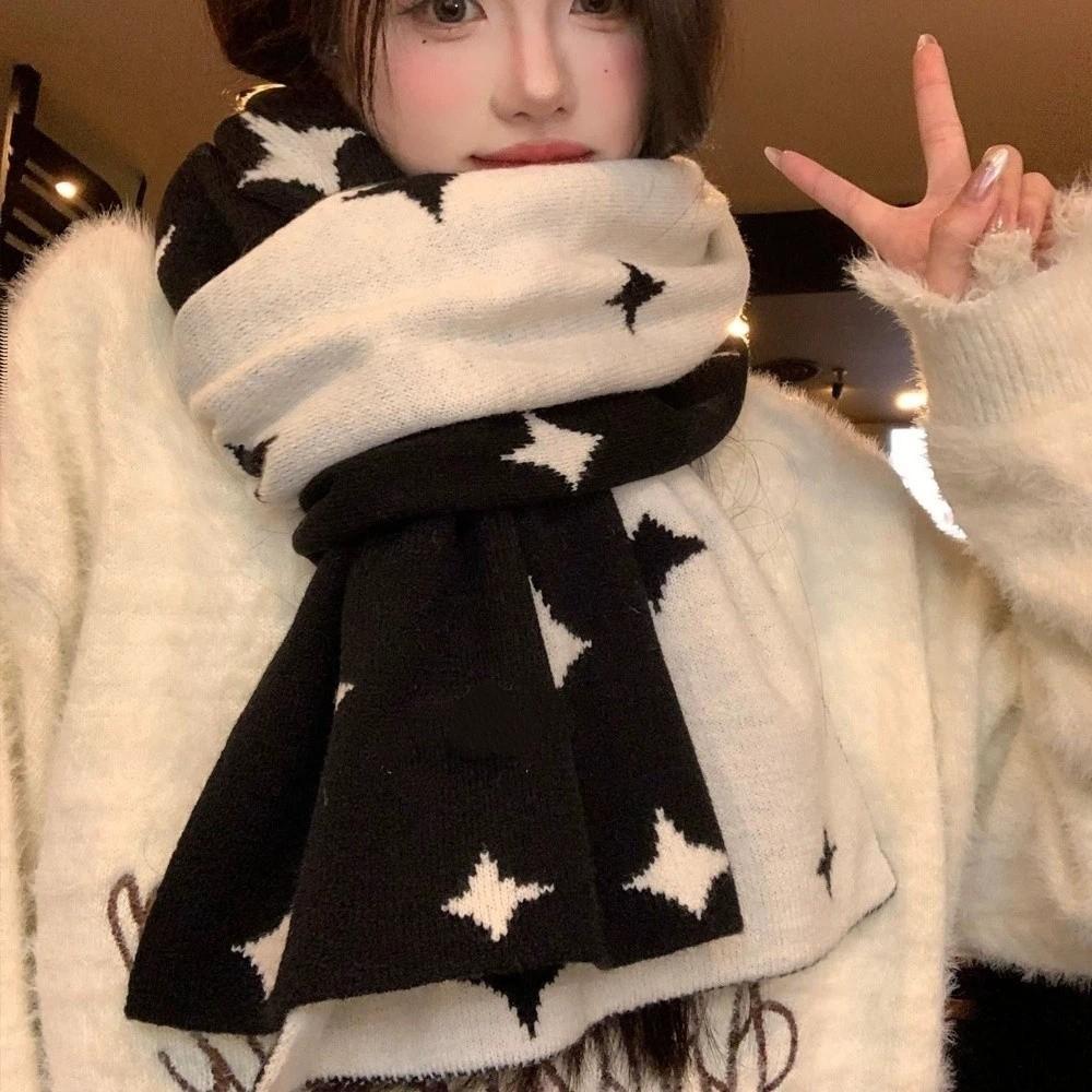 Korean Style Women Winter Scarf Double Side Cashmere Knitted Shawl Star Pattern Neckerchief  Daily