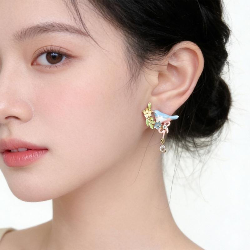 Bird Flower Earrings with Geometric Details Metal Construction Statement Ear Jewelry Suitable for Long Lasting Shine