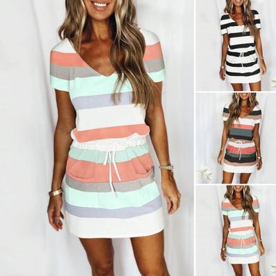 Damen Sommerkleid Gestreiftes V-Ausschnitt Kurzarm T-Shirt Kleid Lässiges Tie Wasit Minikleid mit Taschen