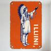 Vintage Illini Native American Feathered Headdress Metal Tin Sign with Weathered Rust Spots, Retro Sports Team Decor for Man Cav