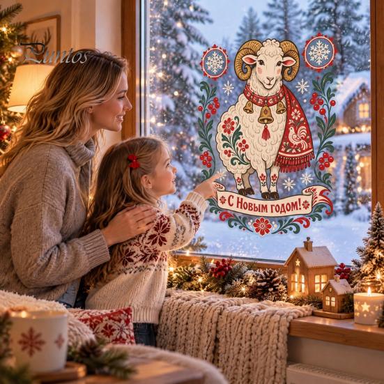 Easy Peel Glass Surface Stickers 2027 Year of Goat Window Clings, Russian New Static Sticker, Floral Garland Zodiac Wall Decor Vintage PVC Decal