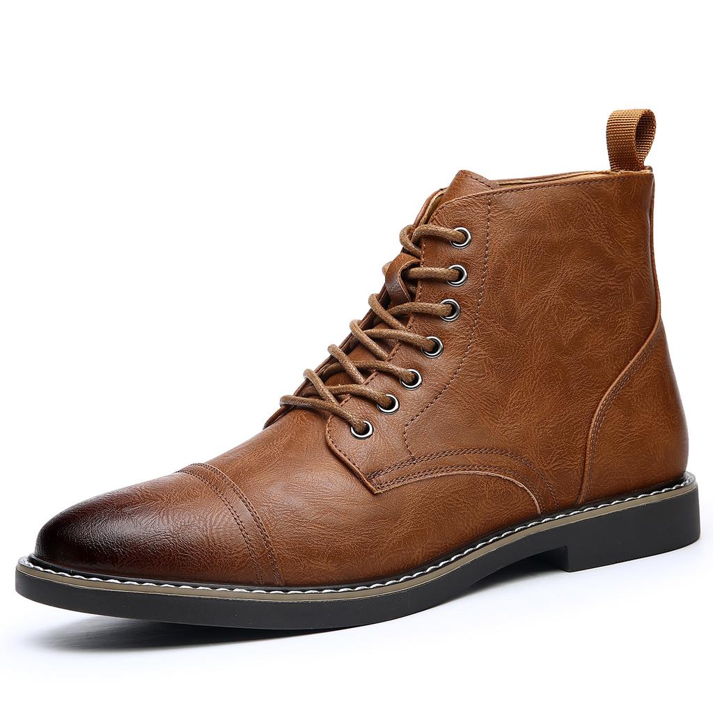 Autumn High-top Men's Lace-up Leather Boots Fashion Casual Lace New Designer Shoes Male Solid Color Ankle Boots Man
